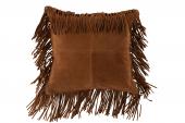 Coussin Carré Cuir Franges Cognac