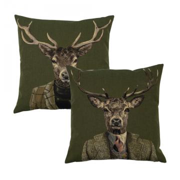 2 Coussins Gobelin Vert Cerf Col Roulé 45x45