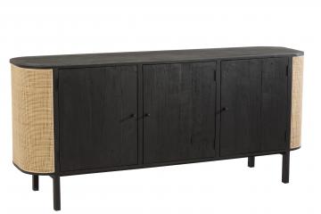 Buffet Bas 3 Portes Molly Bois Noir Rotin Naturel