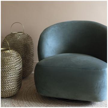 Fauteuil Lisette Velours Bleu Pivotant Blanc d'Ivoire