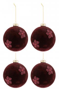 4 Boules de Noël Fleurs Velours Burgundy