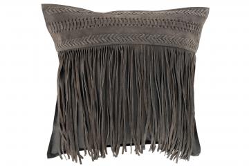 Coussin Carré Cuir Franges Gris