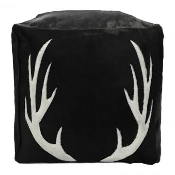 Pouf Bois de Cerf Cuir Vache Noir 45x45x45