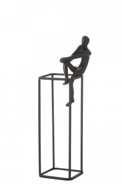 Statue Figurine Pensive sur Cube Aluminium Noir