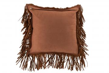 Coussin Carré Cuir Franges Cognac