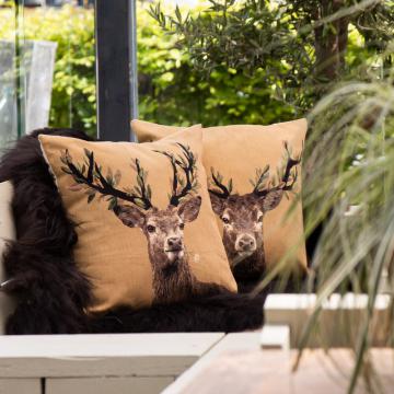 2 Coussins Cerf Bois Feuillage Fleur Blanche 45x45